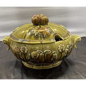Vtg Hand Painted Soup Tureen Pot w/Ladle 1970s MCM Fruit Daisy Pear Apco Green